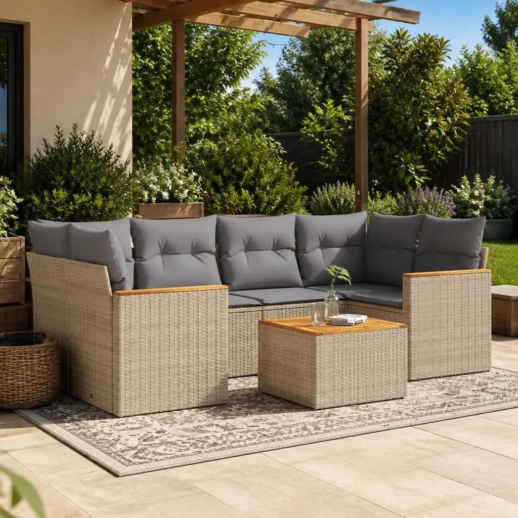 Outdoor Garden Sofa Set 7 Piece Beige Poly Rattan Furniture Patio Lounge Modular