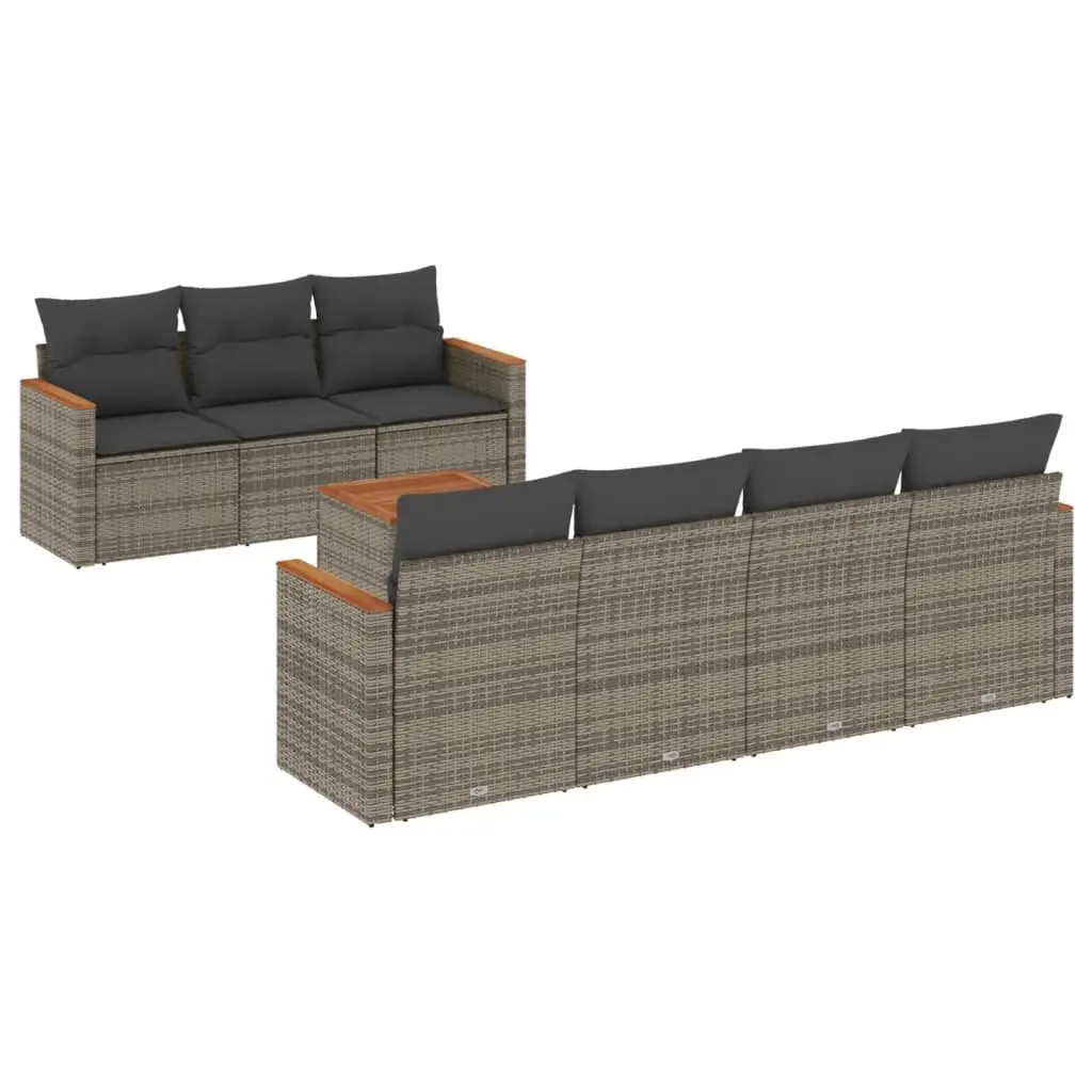 Garden Sofa Set 8 Piece Grey Poly Rattan Modular Outdoor Furniture with Removable Washable Cushion Covers and Acacia Wood Tabletop