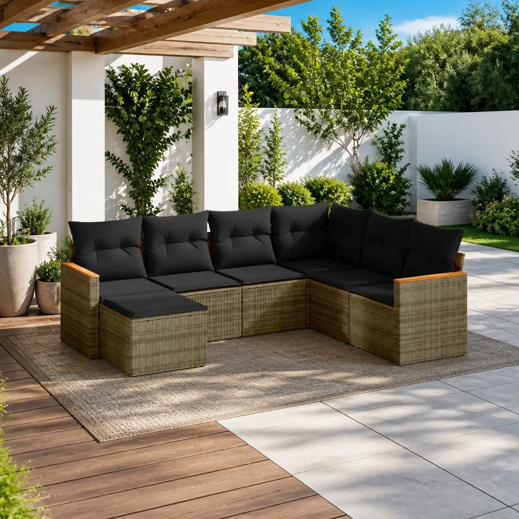 Garden Sofa Set 7 Piece Modular Outdoor Furniture Grey PE Rattan with Cushions