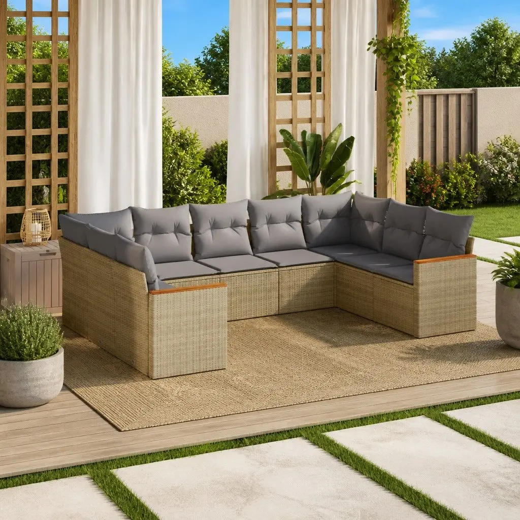 Garden Sofa Set 9 Piece Modular Outdoor Furniture Beige PE Rattan with Removable Cushions