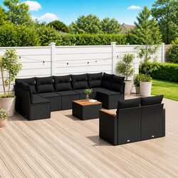 10 Piece Garden Sofa Set with Cushions Black Poly Rattan Patio Furniture