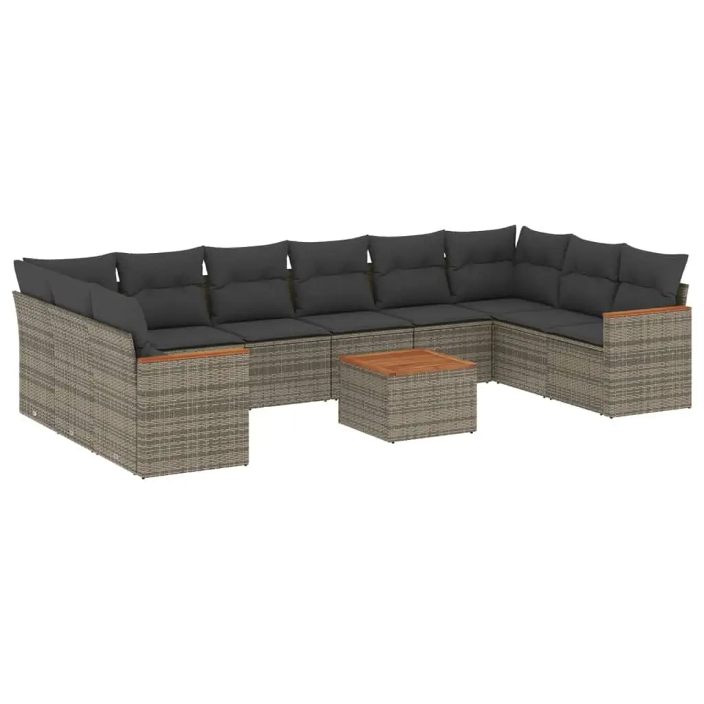 Garden Sofa Set 11 Piece Modular Outdoor Furniture Grey PE Rattan Powder-coated Steel Frame Acacia Wood Table Top Removable Cushion Covers
