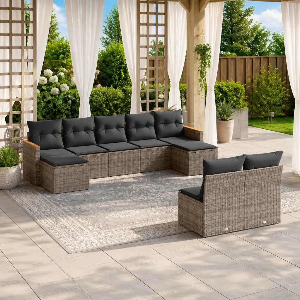 Garden Sofa Set 9 Piece Modular Outdoor Patio Furniture Grey Rattan Weather-Resistant Removable Cushion Covers