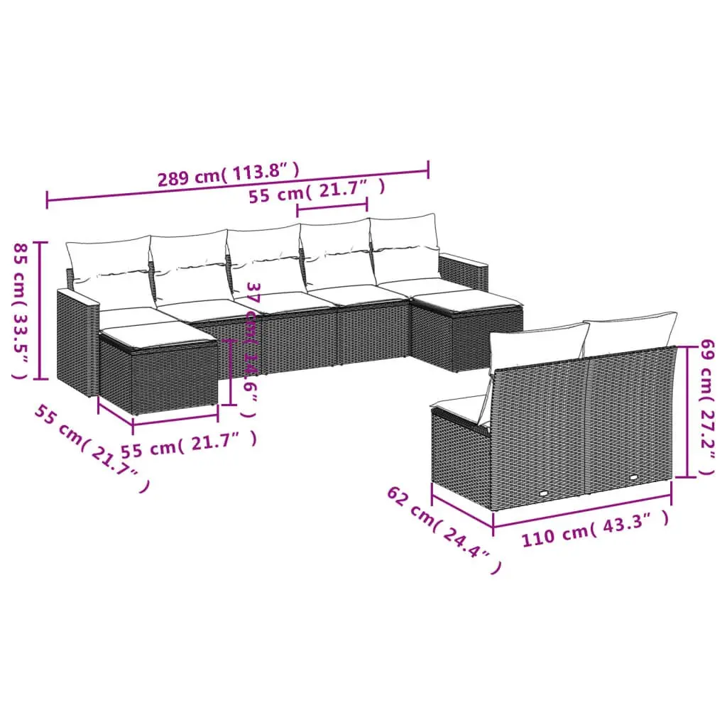 Garden Sofa Set 9 Piece Modular Outdoor Patio Furniture Grey Rattan Weather-Resistant Removable Cushion Covers