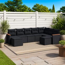 Outdoor Garden Sofa Set 9 Piece with Cushions Black Poly Rattan Patio Furniture