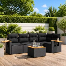 Garden Sofa Set 6 Piece Outdoor Furniture Black Poly Rattan Patio Lounge with