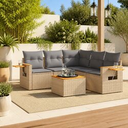 Garden Sofa Set 6 Piece Outdoor Furniture Beige Poly Rattan Patio Sectional