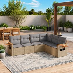 Outdoor 6 Piece Beige Sofa Set with Foldable Side Table