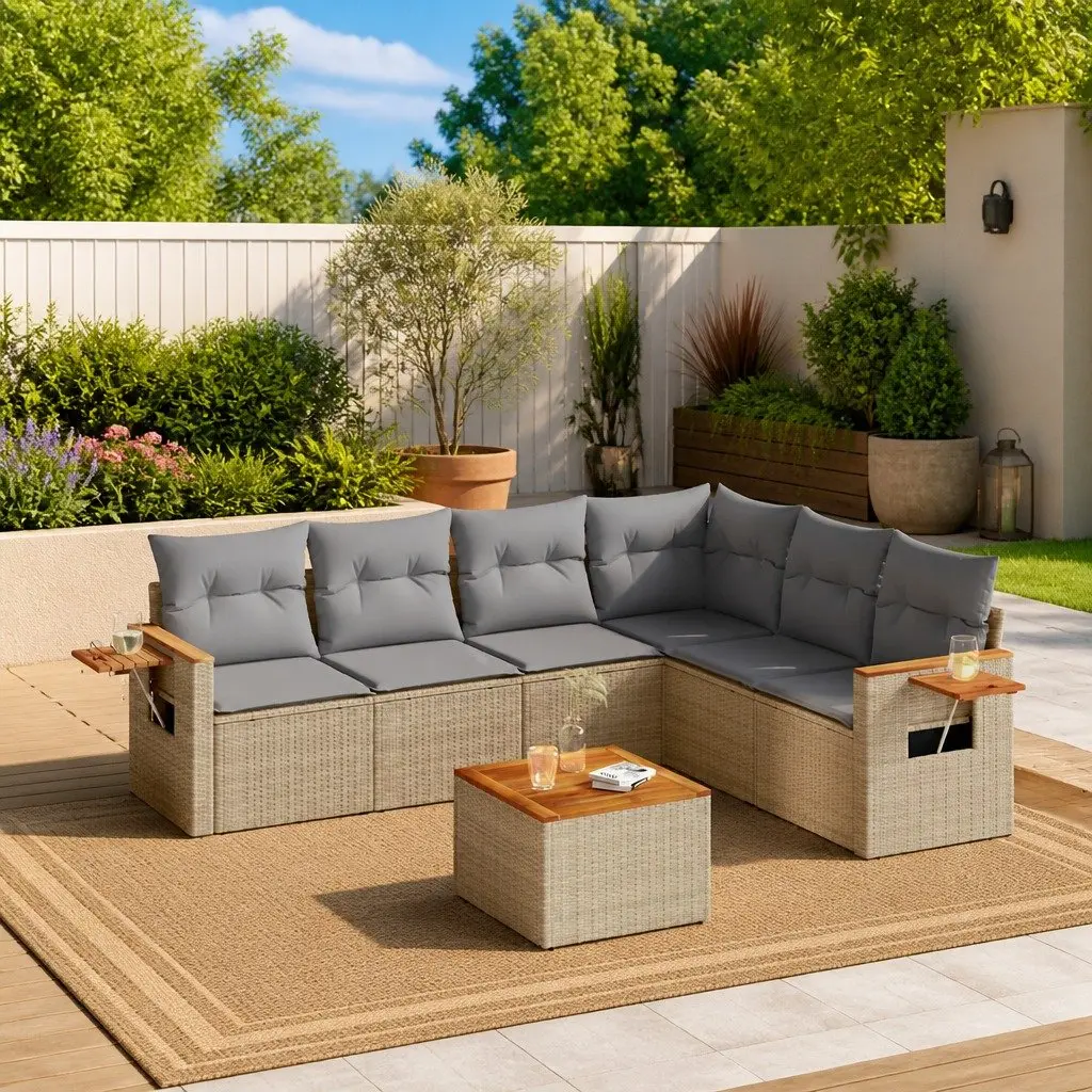 7 Piece Garden Sofa Set Beige Poly Rattan Outdoor Furniture Patio with Cushions
