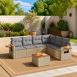 7 Piece Garden Sofa Set Beige Poly Rattan Outdoor Furniture Patio with Cushions