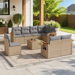 Garden Sofa Set 9 Piece Outdoor Furniture Patio Conversation Beige with Cushions