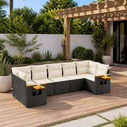 7 Piece Garden Sofa Set Black Poly Rattan Outdoor Furniture Patio Lounge with