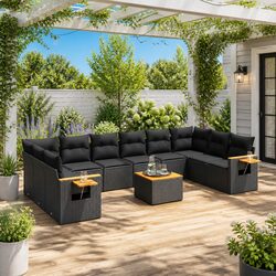 Garden Sofa Set 11 Piece Outdoor Furniture Black Poly Rattan Patio Lounge Chair
