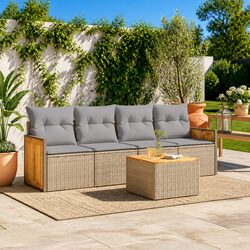 5 Piece Garden Sofa Set Outdoor Furniture Patio Beige Cushions Poly Rattan