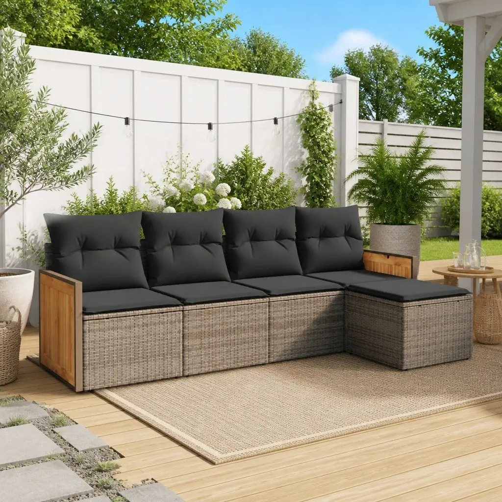 5 Piece Modular Outdoor Sofa Set Grey Poly Rattan with Cushions for Patio and Garden