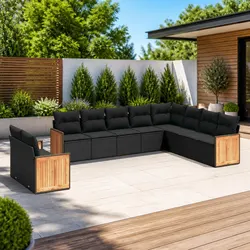 Garden Sofa Set 10 Piece Outdoor Furniture Black Poly Rattan Patio with Cushions