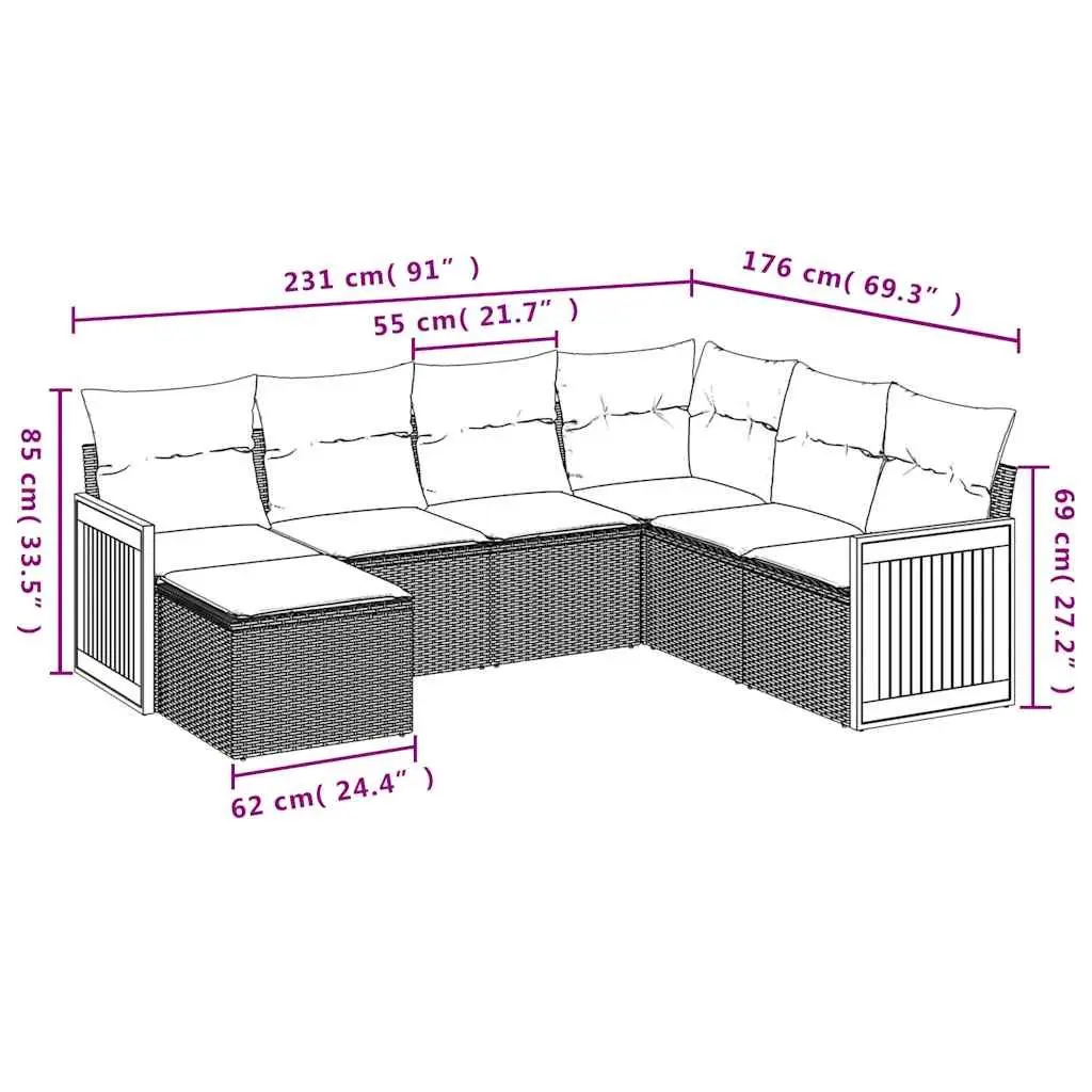 7 Piece Outdoor Garden Sofa Set Black Poly Rattan Patio Furniture with Cushions