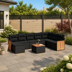 9 Piece Outdoor Garden Sofa Set with Cushions Black Poly Rattan Patio Furniture