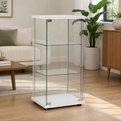 Storage Cabinet Tempered Glass Shelves White Organiser Bookcase Display Unit