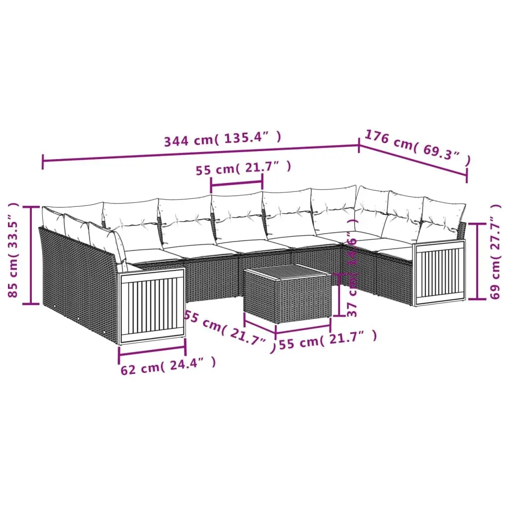 Garden Sofa Set 11 Piece Modular Outdoor Furniture Grey Rattan with Cushions