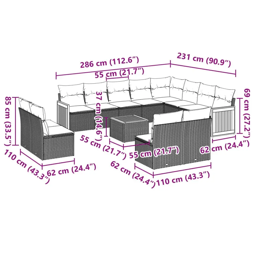 Garden Sofa Set 13 Piece Outdoor Furniture Patio Beige with Cushions Modular