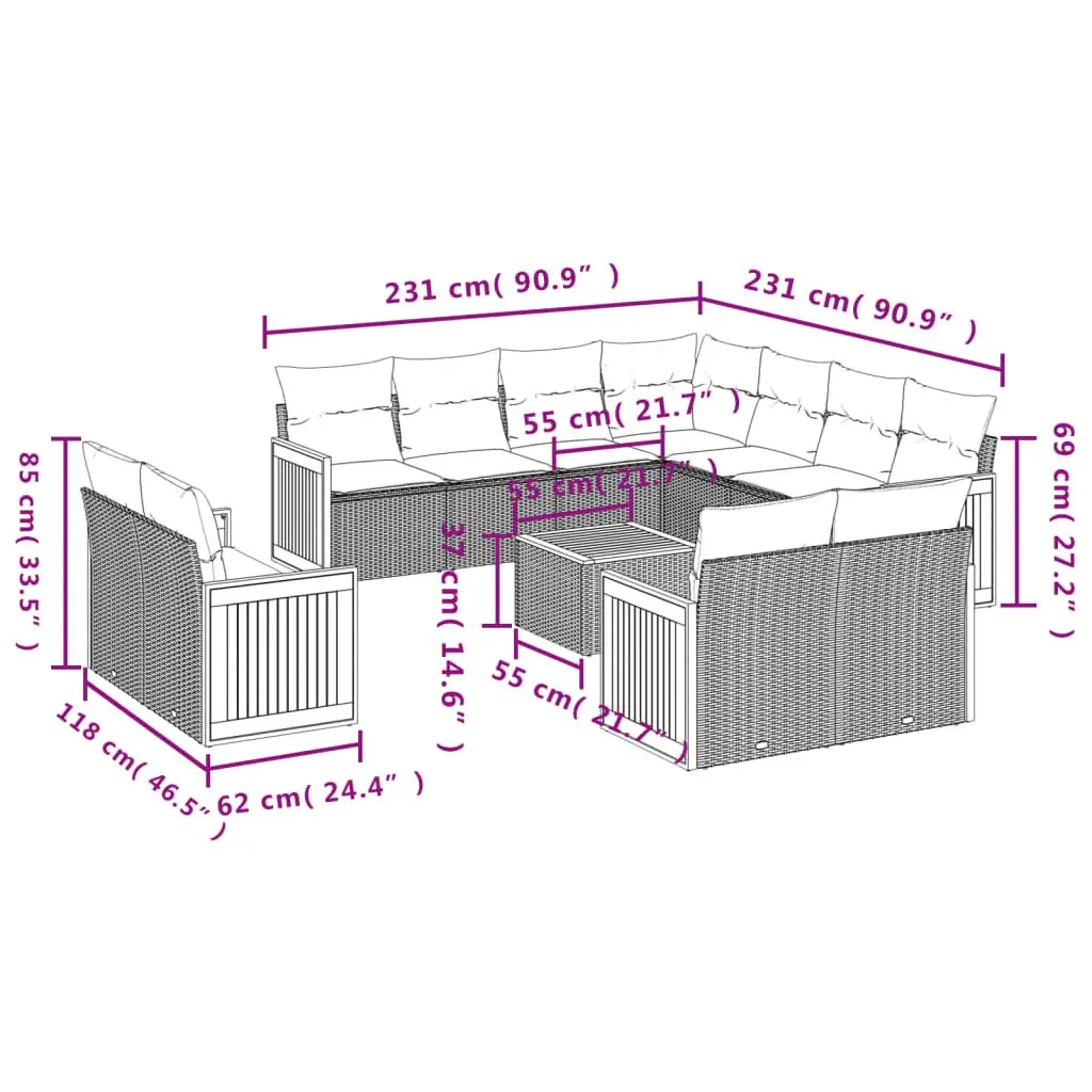 Garden Sofa Set 12 Piece Modular Outdoor Furniture Beige PE Rattan with Acacia Wood Tabletop and Padded Cushions