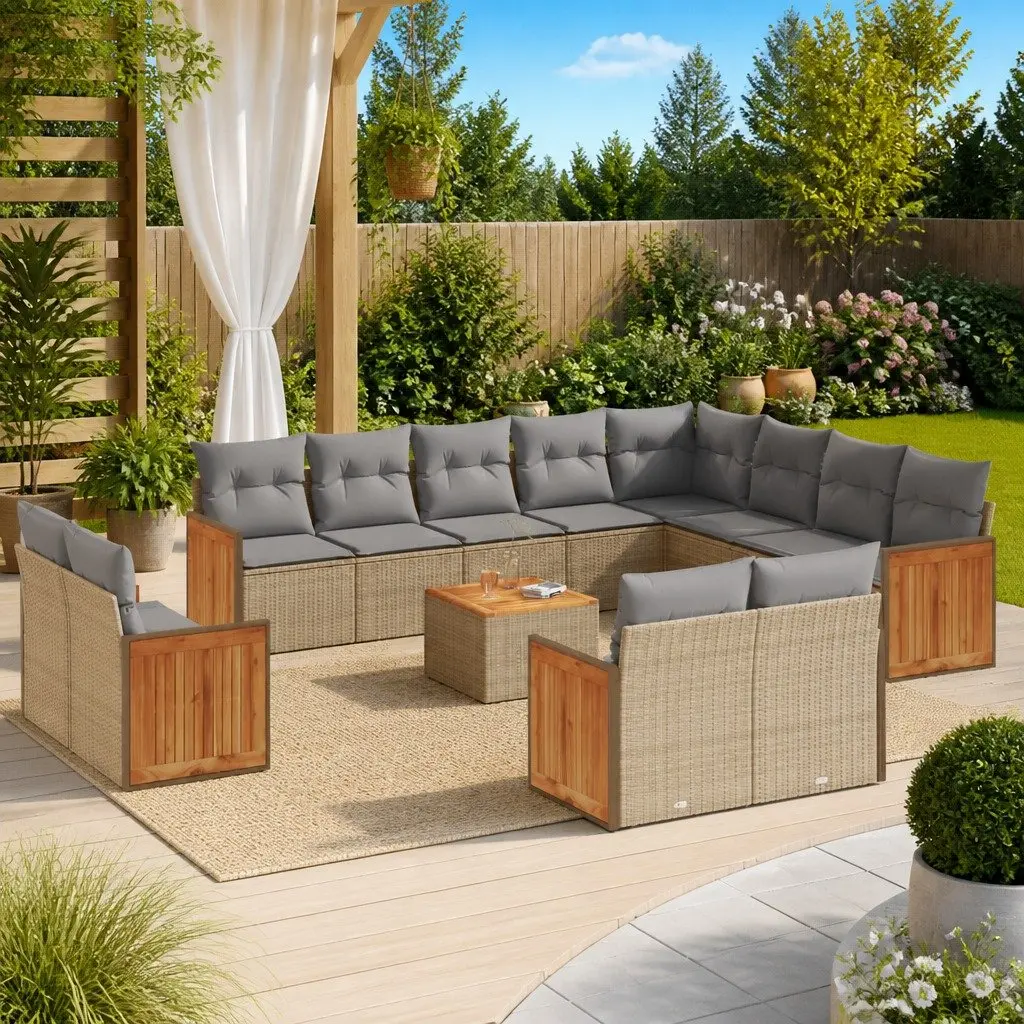 Garden Sofa Set 13 Piece Outdoor Furniture Beige Poly Rattan with Cushions Patio