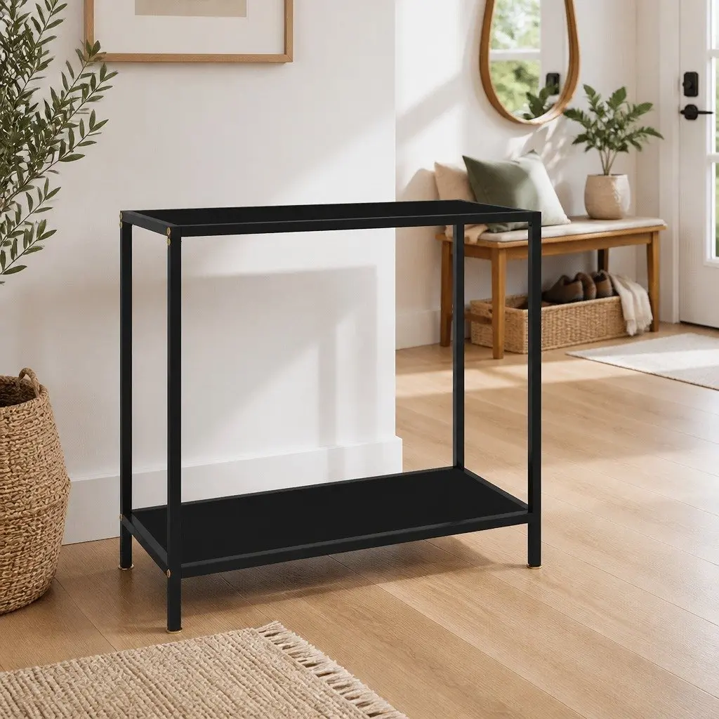 Console Table Black Glass Top Steel Frame Storage Shelf