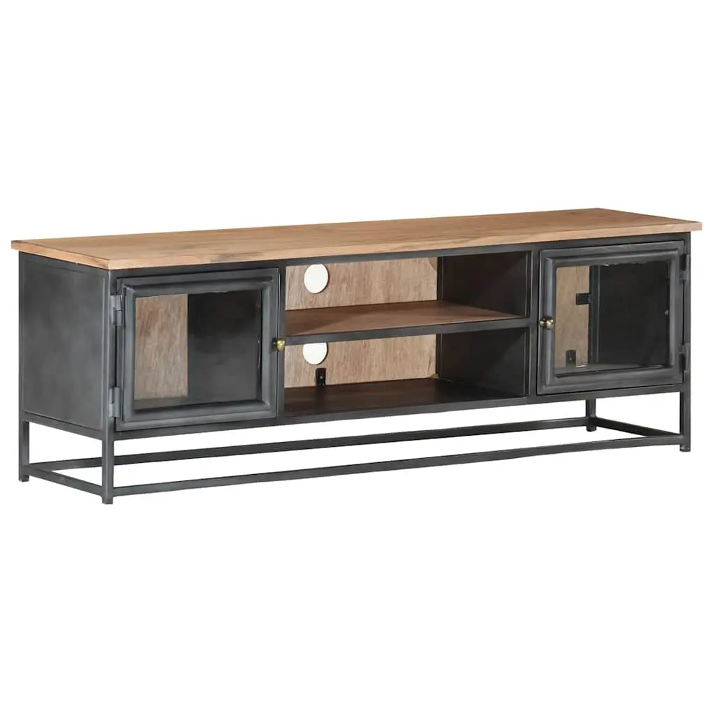 Solid Acacia Wood TV Cabinet Grey 120x30x40cm with Steel Legs and Glass Doors for Storage