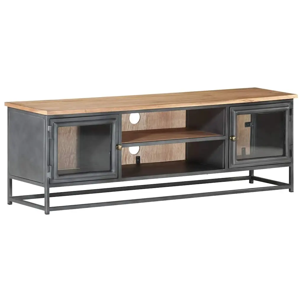 Solid Acacia Wood TV Cabinet Grey 120x30x40cm with Steel Legs and Glass Doors for Storage