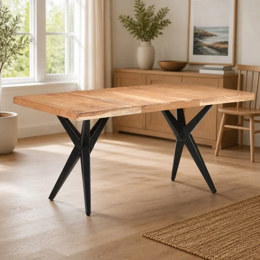 Dining Table 160x80 cm Solid Acacia Wood Black Powder-Coated Steel Legs