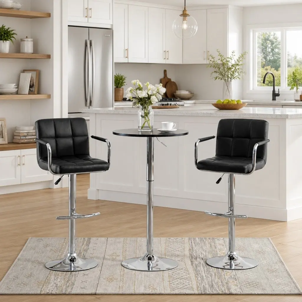 Bar Stools Set 2 pcs Adjustable Height Faux Leather Upholstered Black