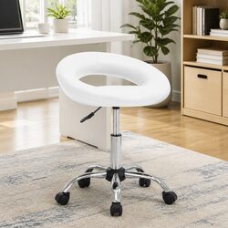 Rolling Office Chair White Faux Leather Padded Backrest Adjustable Height Swivel