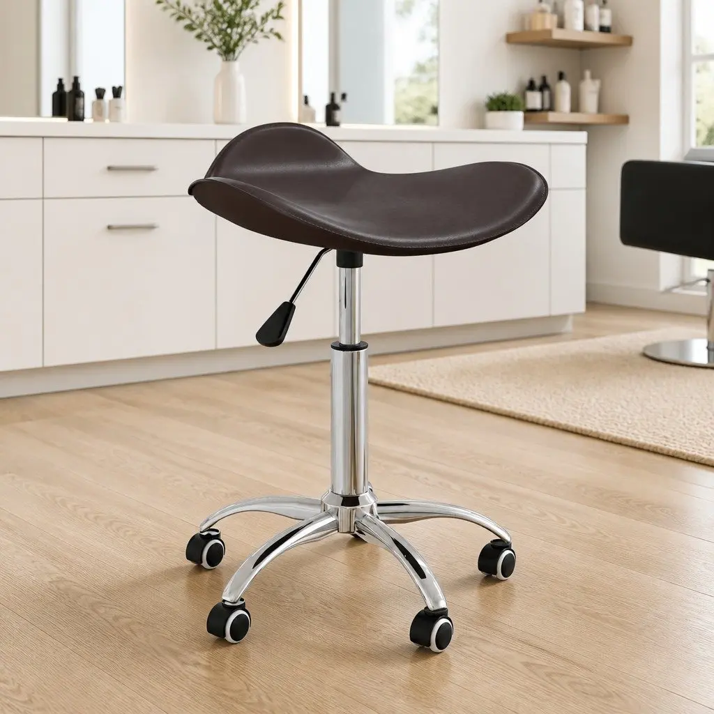 Height Adjustable Swivel Salon Stool with Wheels Brown Faux Leather 360 Degree Mobility
