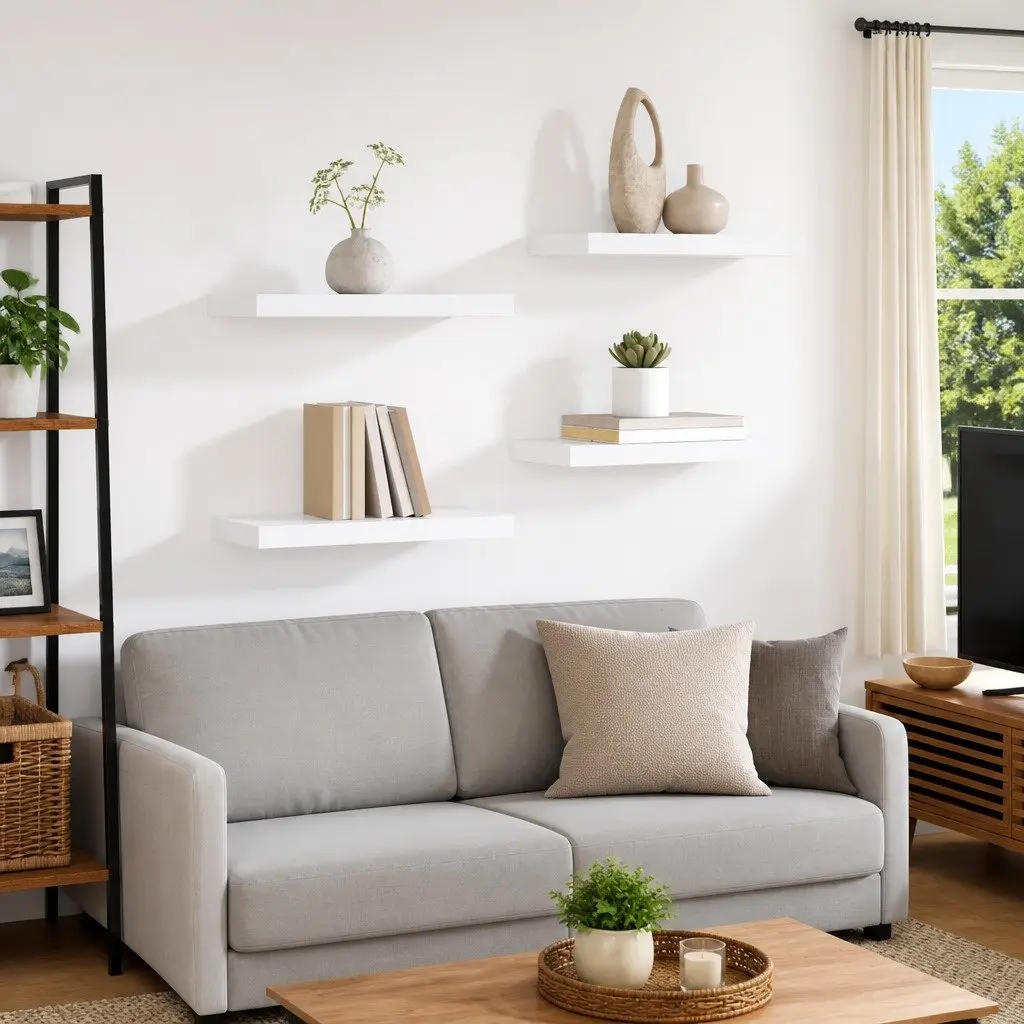 Floating Wall Shelves 4 Piece Set White Invisible Mounting System Home Storage Organizer