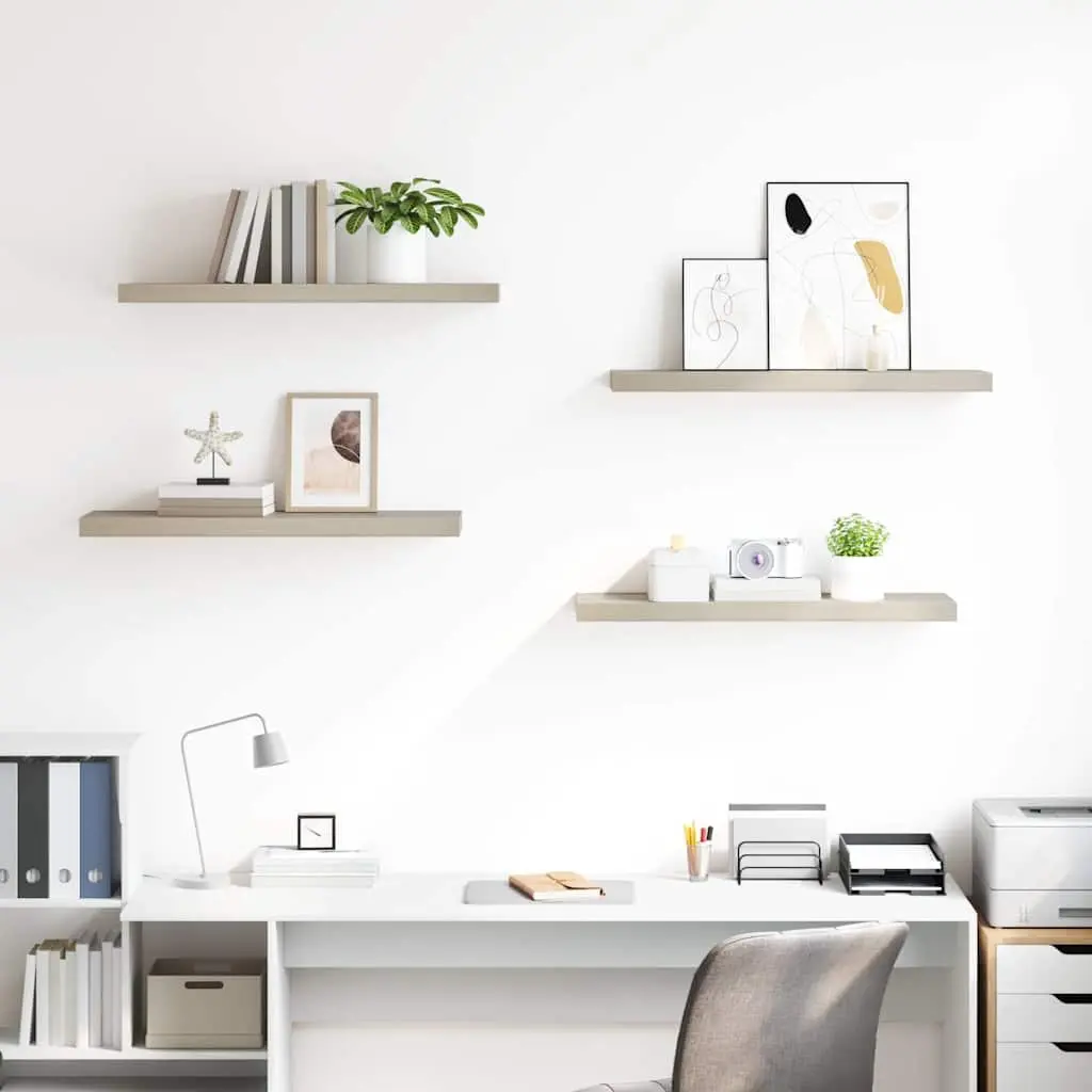 Floating Wall Shelves 4 Piece Set Oak Brown Invisible Mounting System Honeycomb MDF Metal Frame