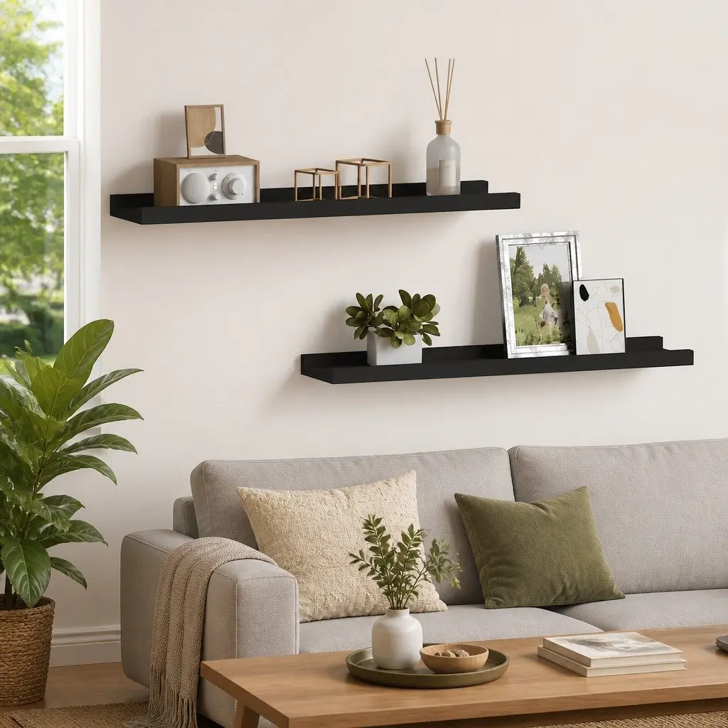 Picture Frame Ledge Shelves 60x9x3cm Wall Mounted Black MDF 2pcs