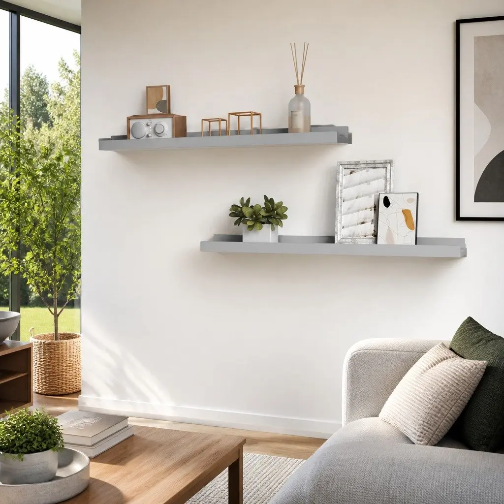 Picture Frame Ledge Shelves 60x9x3cm Wall Mounted Grey MDF 2 Piece Display Shelf