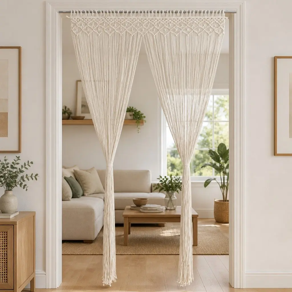 Macrame String Curtain 140x240 cm Cotton Cream Decorative Room Divider