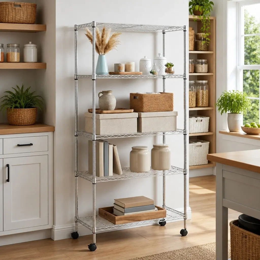 5-Tier Wire Storage Shelf on Wheels Chrome-Plated Iron Durable Organization for Kitchen Garage Workshop