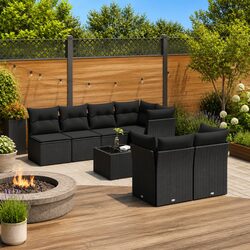 Garden Sofa Set 8 Piece Outdoor Furniture Black Poly Rattan with Cushions Glass