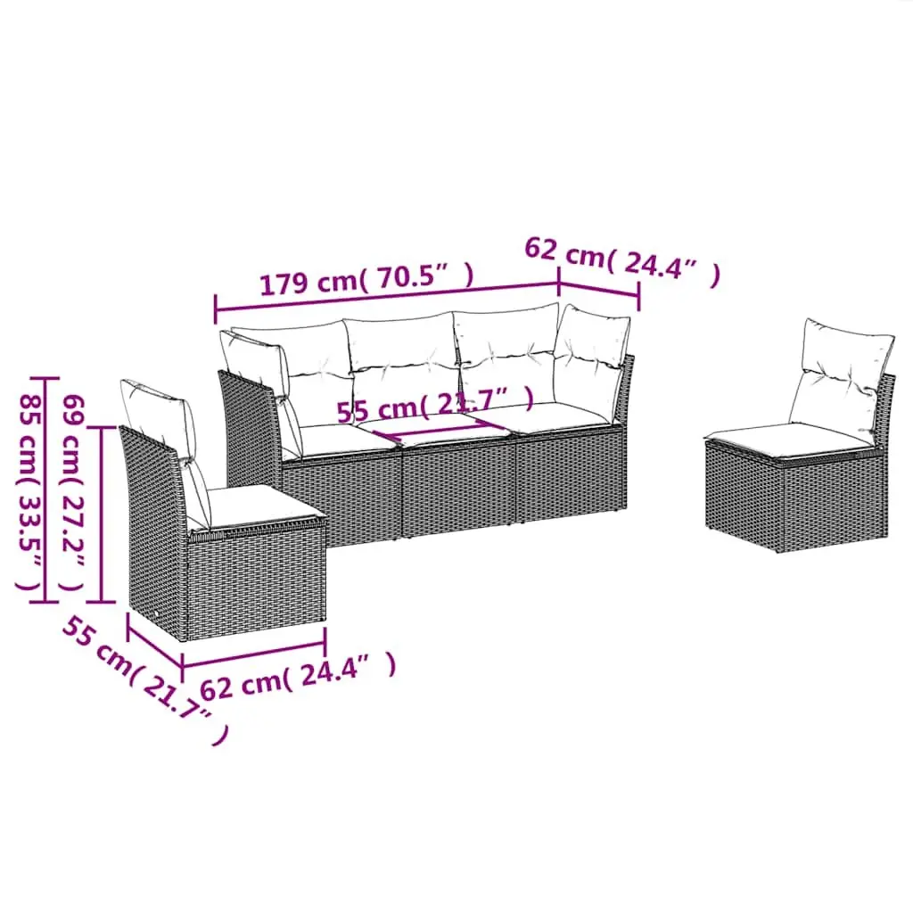Outdoor Garden Sofa Set 5 Piece Black Poly Rattan Patio Furniture with Cushions