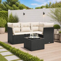 Outdoor 5-Piece Sofa Set with Cushions in Black Poly Rattan