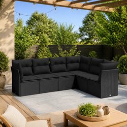 6 Piece Garden Sofa Set Black Poly Rattan Outdoor Furniture with Cushions
