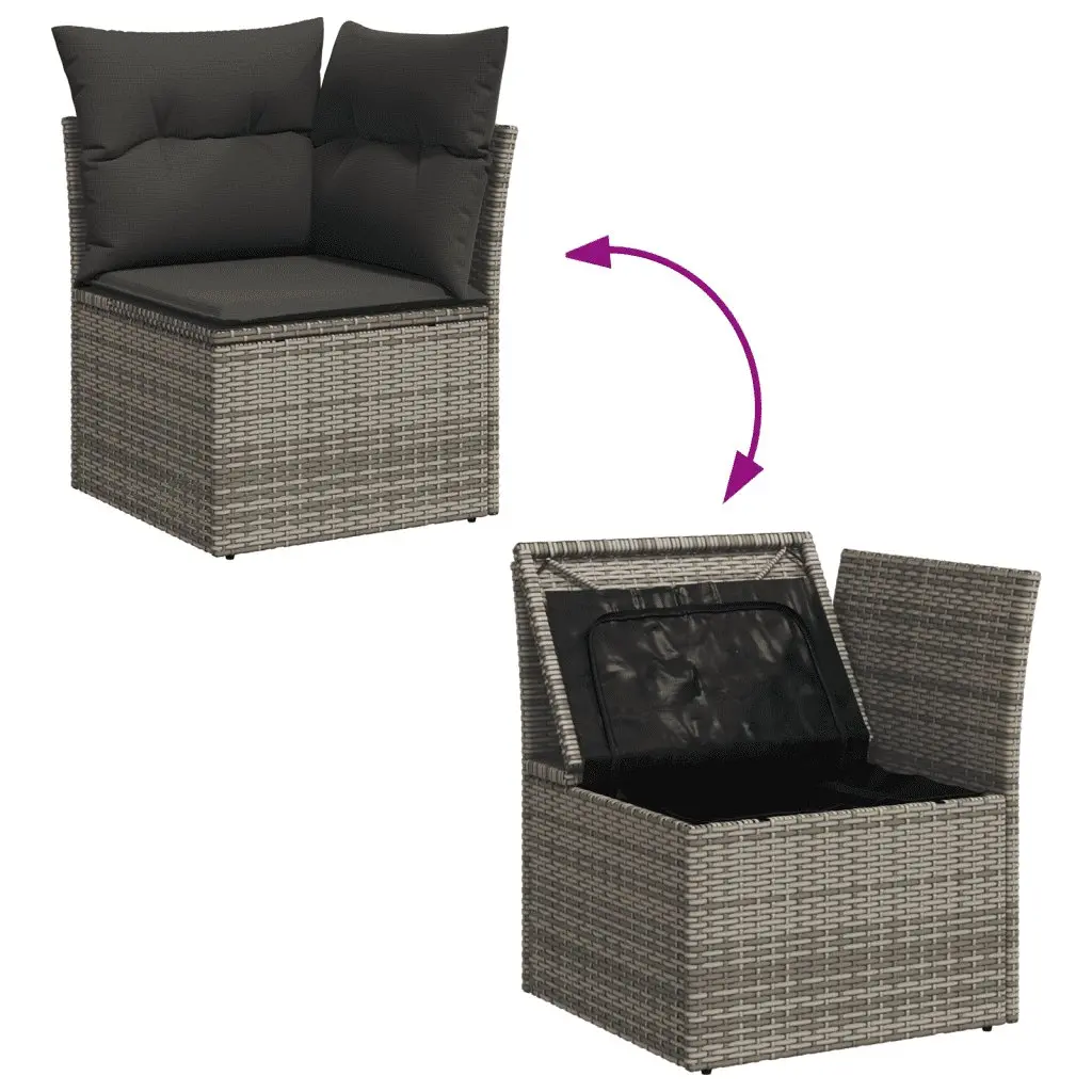 Garden Sofa Set 11 Piece Modular Outdoor Furniture Grey PE Rattan with Tempered Glass Tabletop and Under-Seat Storage