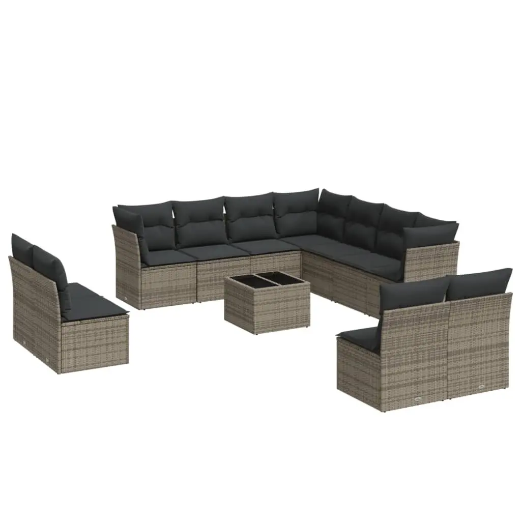 Garden Sofa Set 12 Piece Grey Poly Rattan Outdoor Furniture with Storage Function and Tempered Glass Tabletop