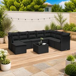 Modular 9-Piece Outdoor Sofa Set with Cushions in Black