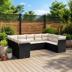 Garden Sofa Set 9 Piece Outdoor Patio Furniture Black Poly Rattan with Cushions