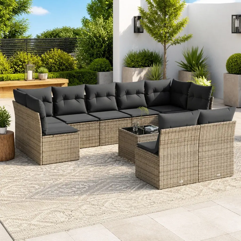Garden Sofa Set 10 Piece Grey Modular Outdoor Furniture PE Rattan with Storage and Tempered Glass Tabletop