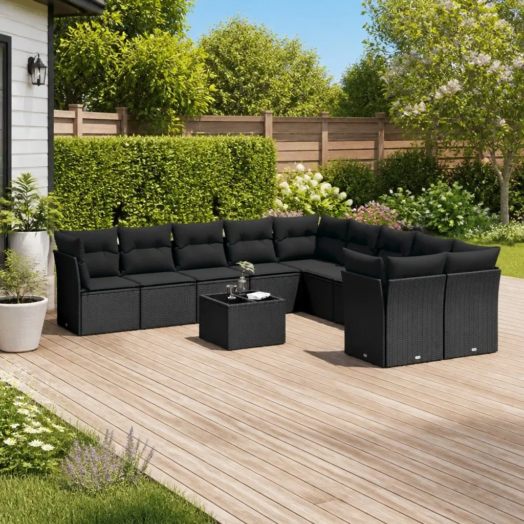 11 Piece Outdoor Garden Sofa Set Black Poly Rattan Cushions Tempered Glass Table